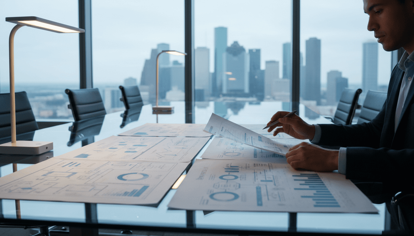 Business professional reviewing management and operational strategies in a modern office