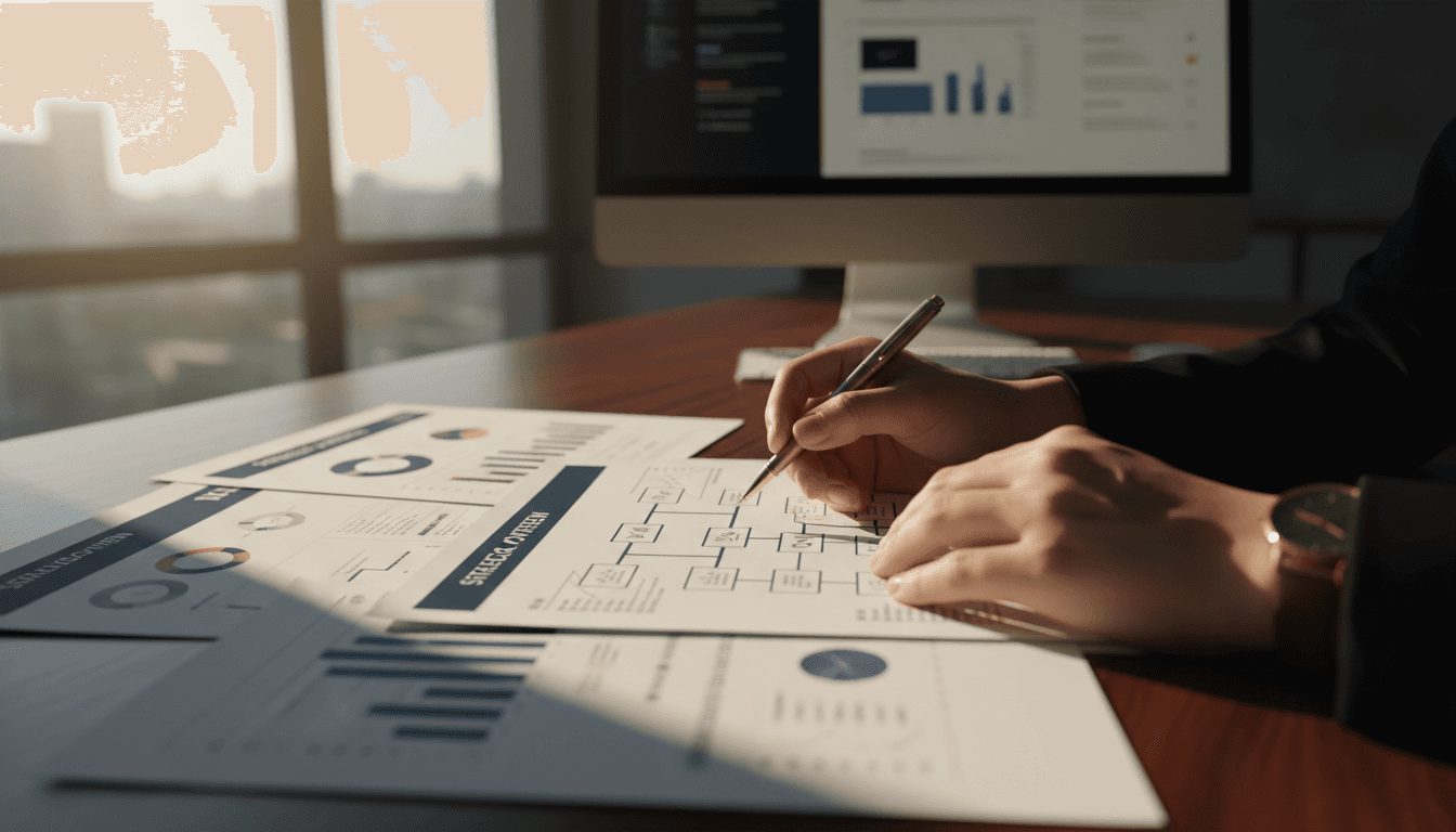 Professional reviewing administrative management documents at desk with organizational charts