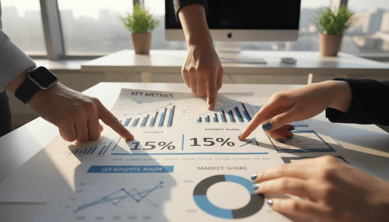 Hands collaborating on business metrics and performance data