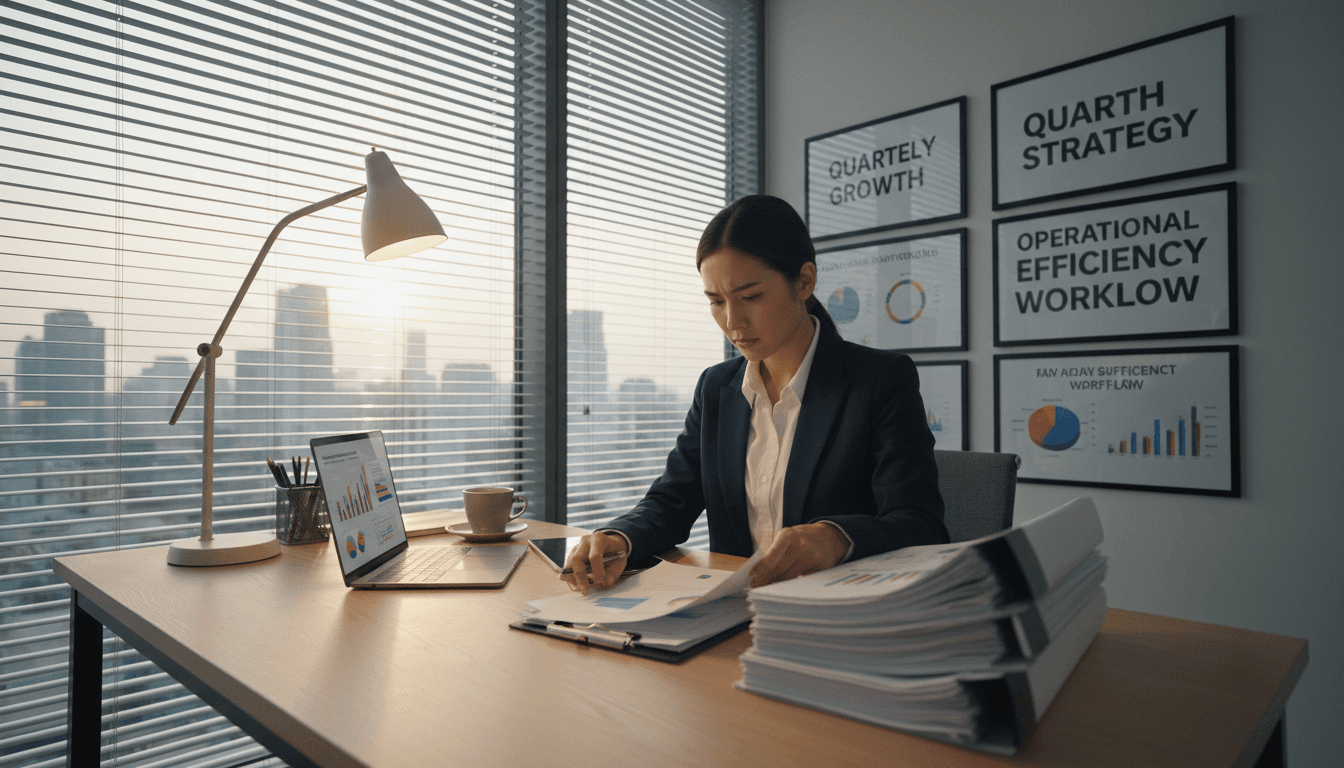 Business consultant reviewing management documents