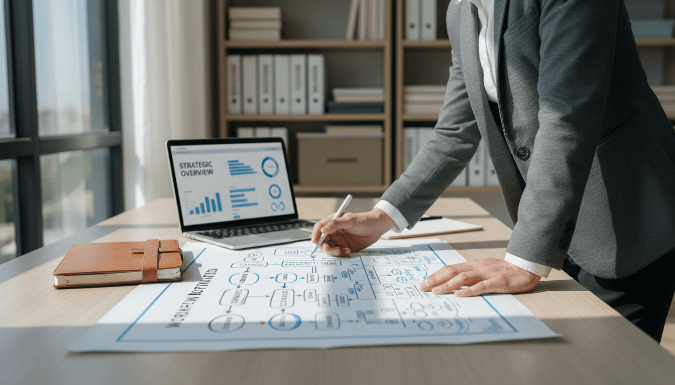 Business consultant reviewing management strategy documents at a modern workspace